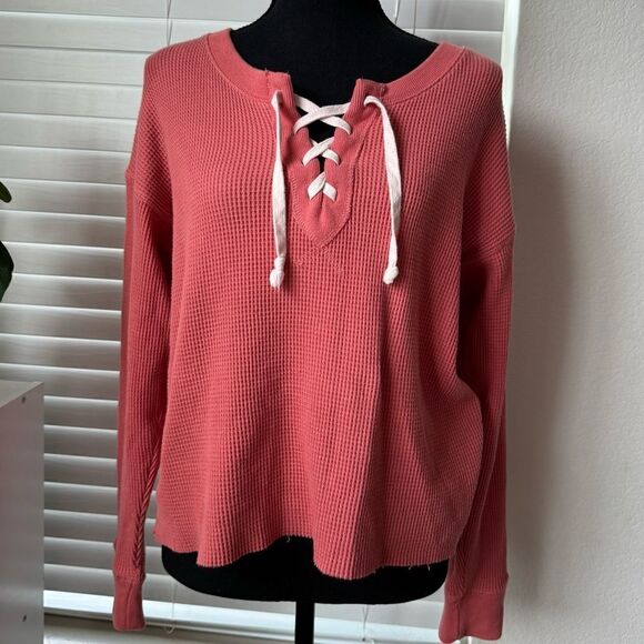 Abercrombie Waffle Knit Lace-Up Sweater Top Women’s Sz S Salmon Pink Casual Cozy - Picture 1 of 5